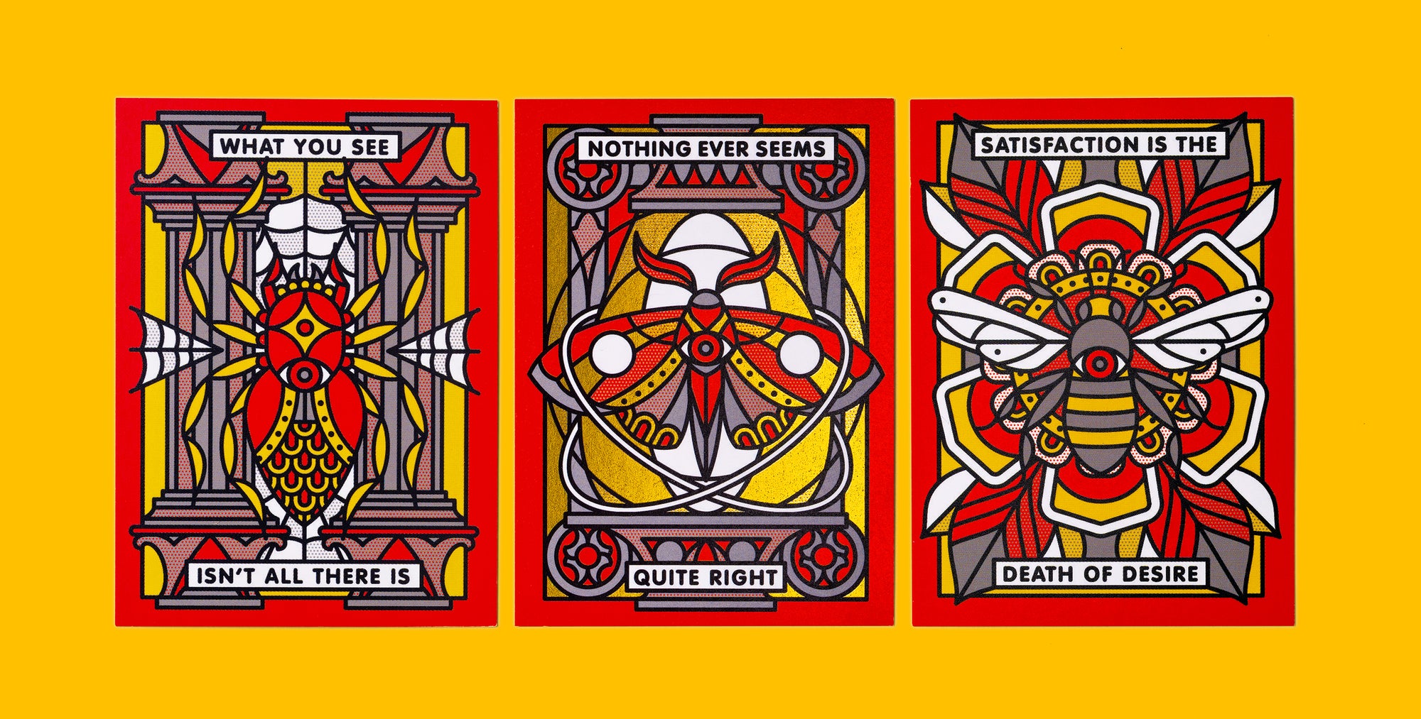 Three stylized tradingcards featuing the artwork of Red Halftone with text and intricate designs on a yellow background