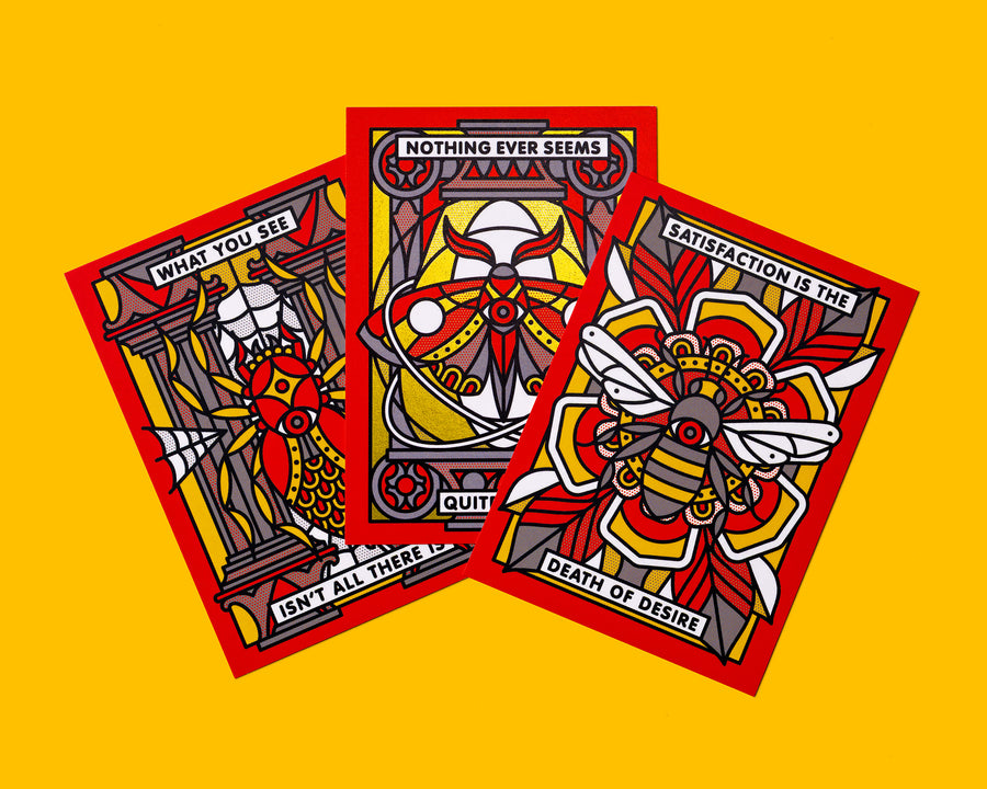 Three trading cards illustrated by Red Halftone featuing intricate designs on a yellow background.