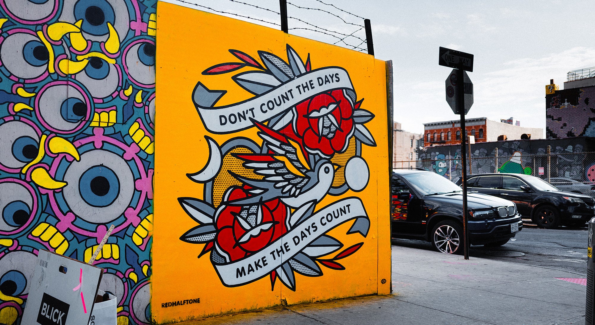 A colorful mural of a flying bird with red roses and two banners that say Don't count the days, make the days count.