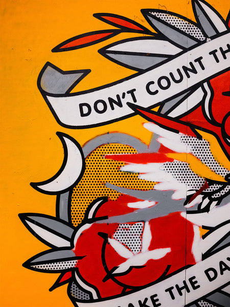 A close up texture of the wall and paint of Red Halftone's mural at East New York Walls