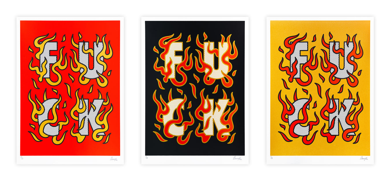 Three colorful limited edition screen prints by the artist Red Halftone in red, black, and gold colorways on a white background