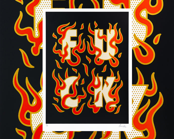 A limited edition screen print by the artist Red Halftone with red flames and text on a black background.