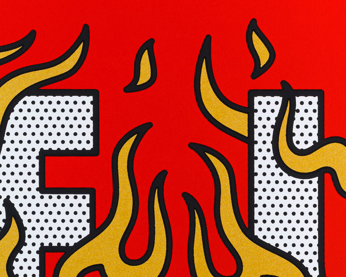 A detail shot of a limited edition screen print by the artist Red Halftone with metallic gold flames and black outlines on a red background.