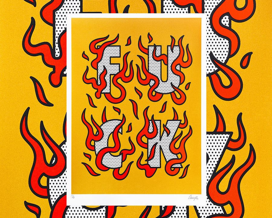 A limited edition screen print by the artist Red Halftone with red flames and text on a metallic gold background.