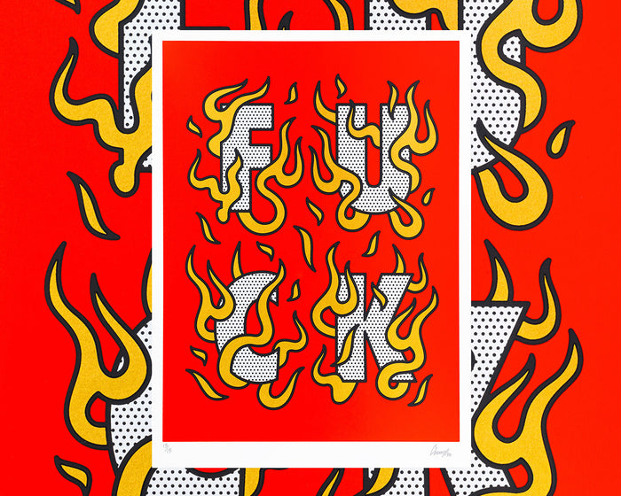 A limited edition screen print by the artist Red Halftone with metallic gold flames and text on a red background.