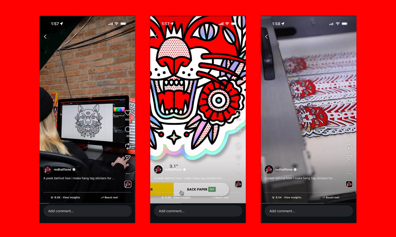 Three smartphone screenshots showing the making of the hang tag stickers on Instagram Reels.