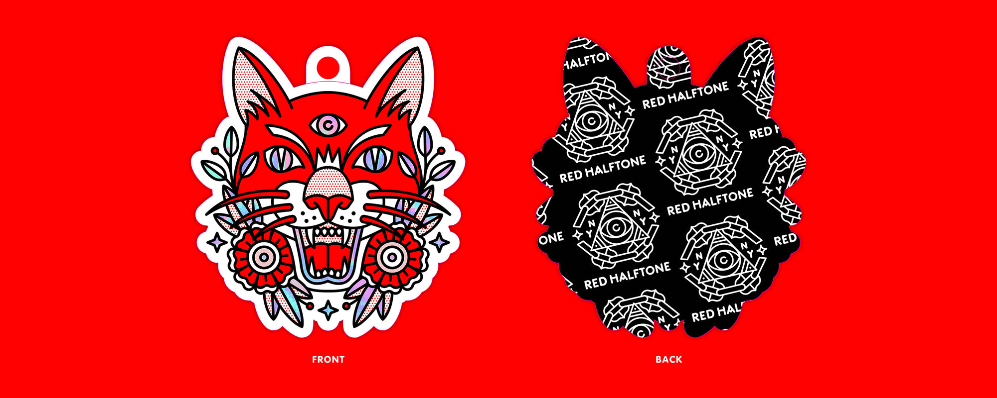 Two views of a hang tag design. One side shows a red hissing tiger and the back side shows a white and black repeating pattern.