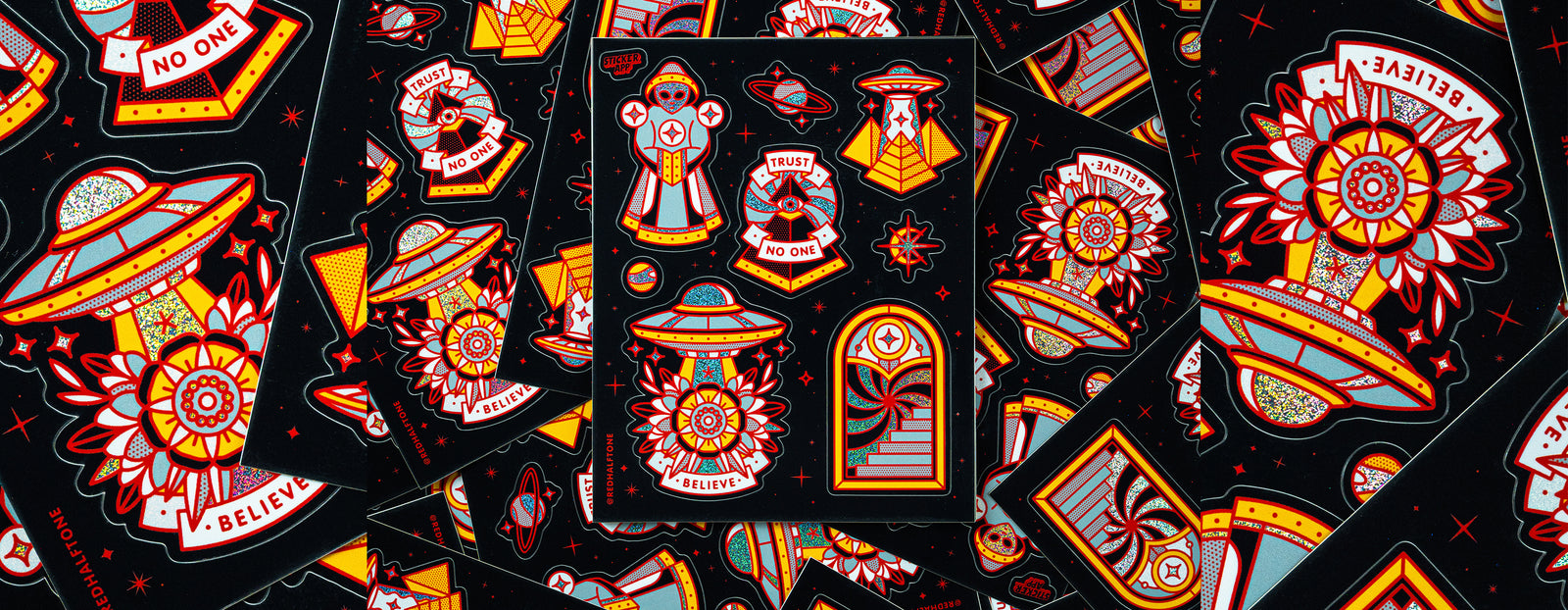 Colorful ufo and space themed sticker sheet