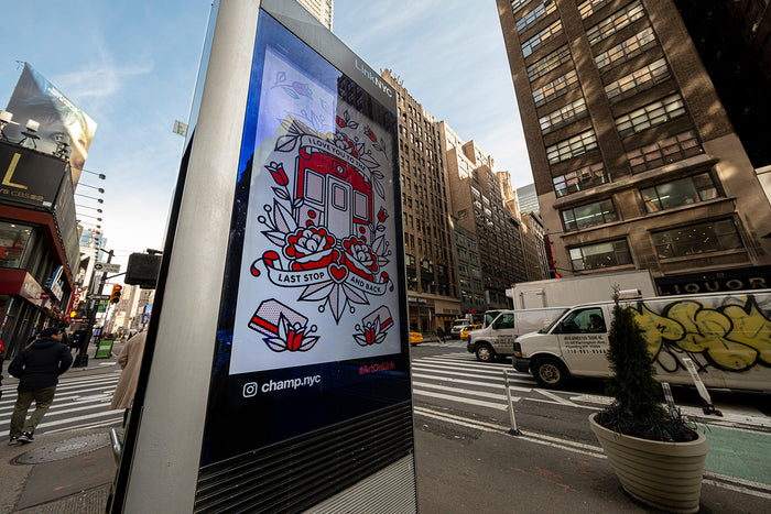 Digital kiosk in New York City featuring the artwork of the artist Red Halftone during the day.