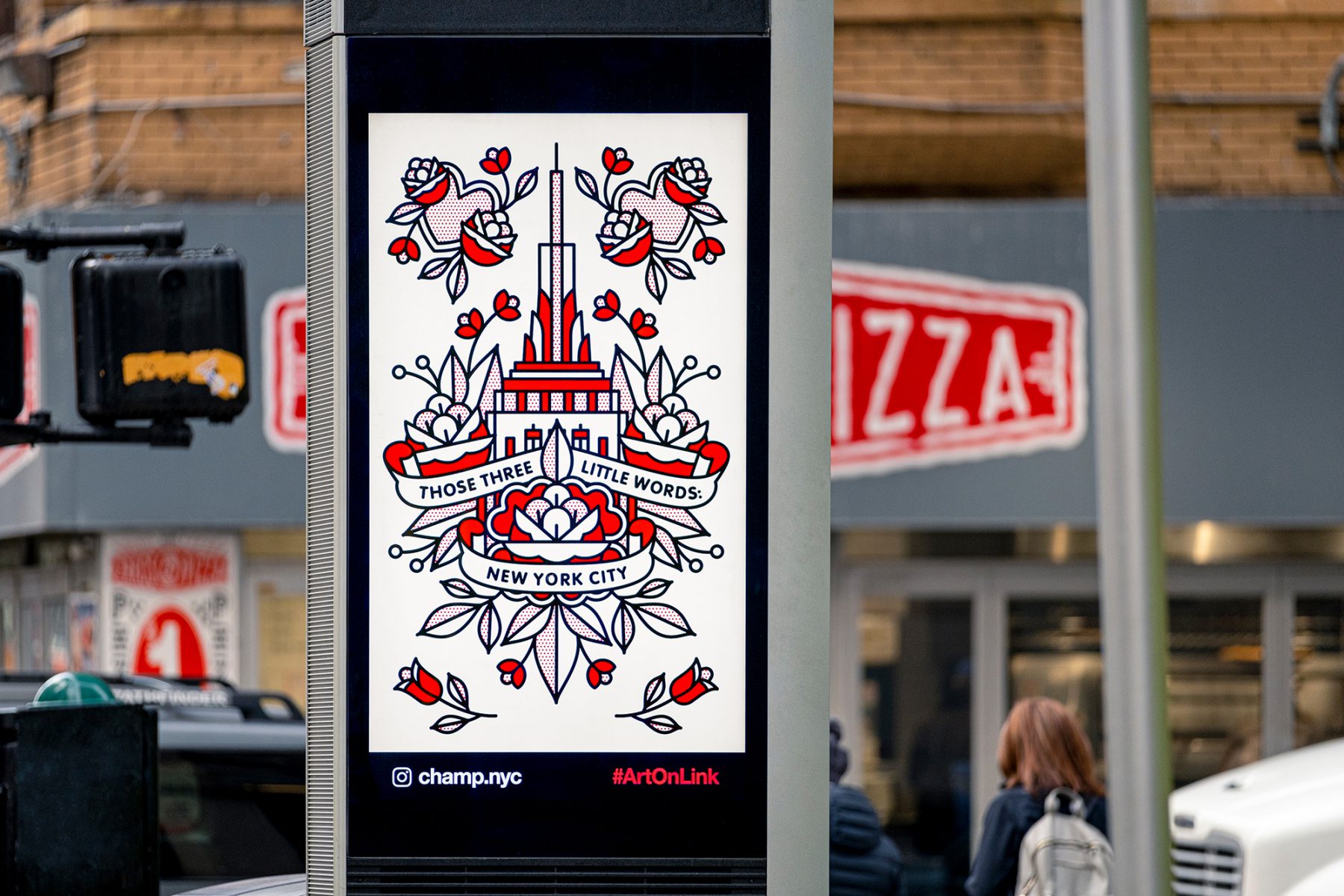 Digital kiosk in New York City featuring the artwork of the artist Red Halftone during the day.