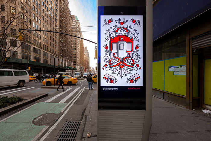 Digital kiosk in New York City featuring the artwork of the artist Red Halftone during the day.