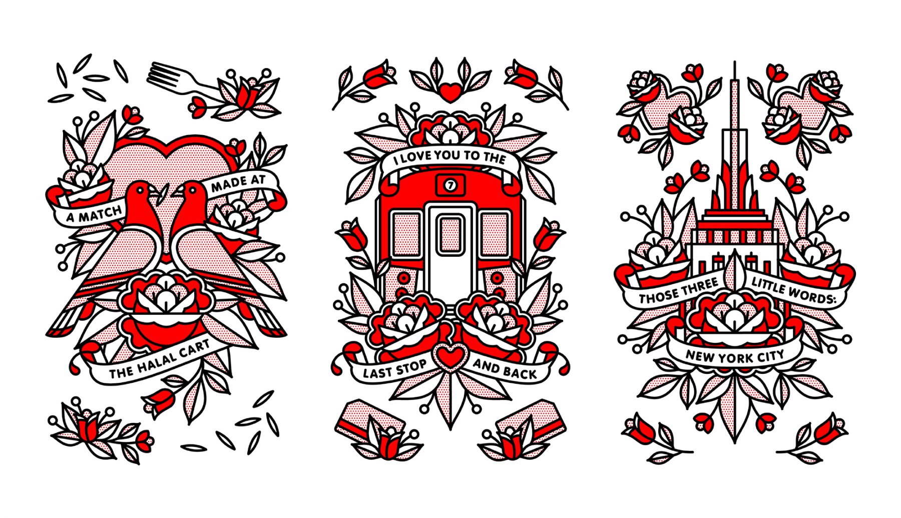Three decorative valentimes day tattoo inspired designs with red and black colors on a white background by the artist Red Halftone.