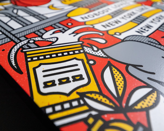 Close-up of apainting with colorful new york vity-themed design elements