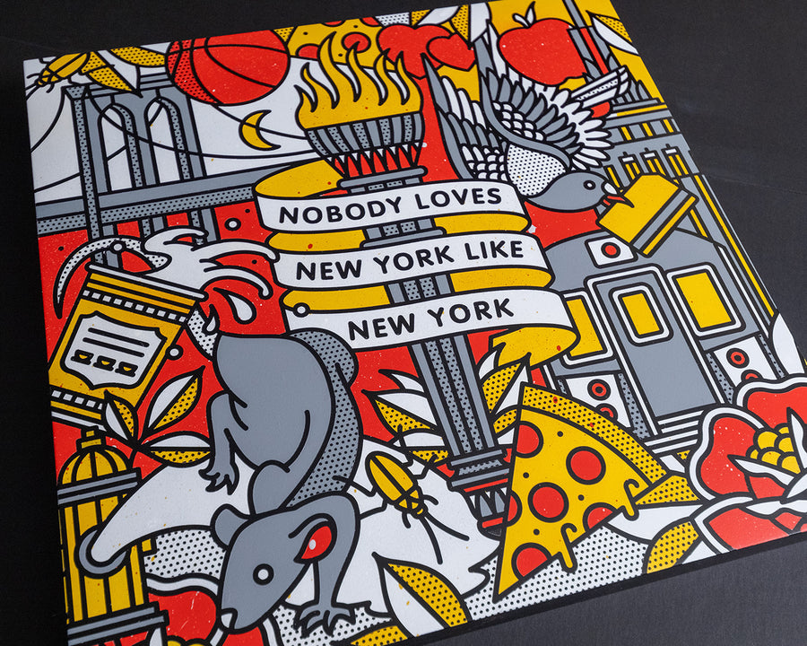 A painting with text 'Nobody Loves New York Like New York' featuring New Yrok cityscape elements and symbols.