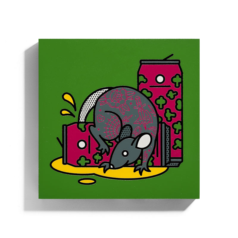 A square wood panel original painting by Red Halftone featuring a tattoo-style grey rat with magenta tattoos knocking over a, Other Half Brewing branded open can of beer on a green background.