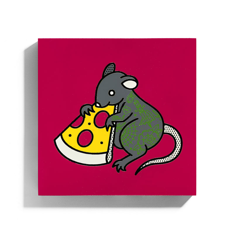 A square wood panel original painting by Red Halftone featuring a tattoo-style grey rat with green tattoos holding a slice of pepperoni pizza on a magenta background.