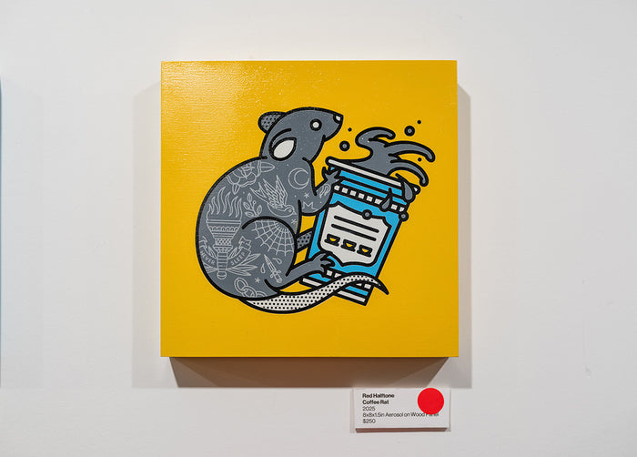 Illustration of a tattooed rat and a blue coffee cup on a yellow background
