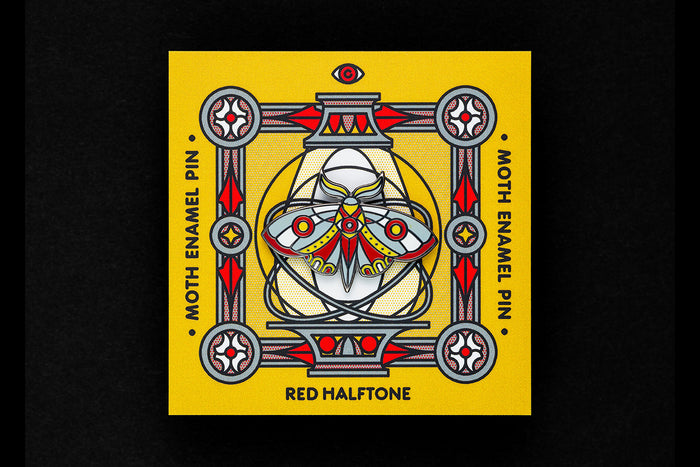 Moth enamel pin and packaging with red halftone design on a yellow background