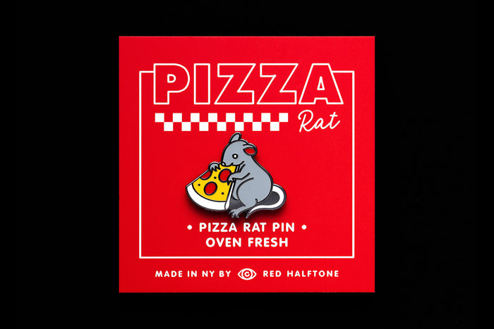 Enamel pin of a rat holding a slice of pizza on a red card with text that reads "Pizza Rat"