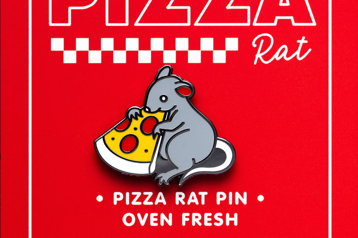 Enamel pin of a rat holding a slice of pizza on a red card with text that reads "Pizza Rat"