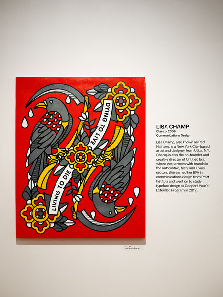 A painting by Red Halftone featuring a red background with text and symbols, displayed on a wall.