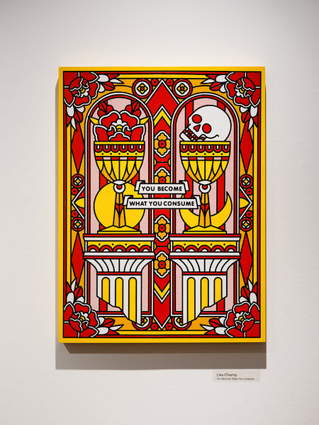 Colorful artwork by Red Halftone featuring roses and skulls with text on a gray wall