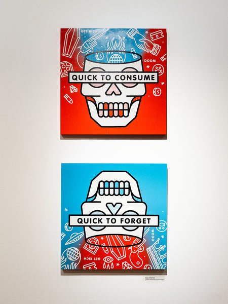 Two paintings by the artist Red Hafltone featuring skulls in red, cyan, and white on a light gray background