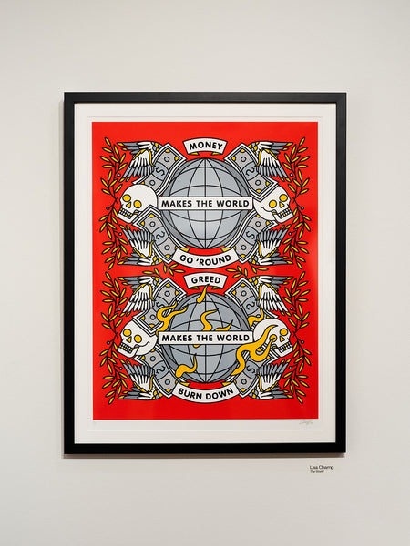Framed print by the artist Red Halftone with a red background and black frame, featuring a central globe design of skulls, money, and flames.