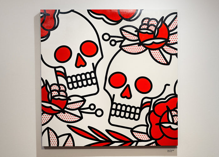 A painting by the artist Red Hafltone of skulls and roses with red accents on a light gray background.