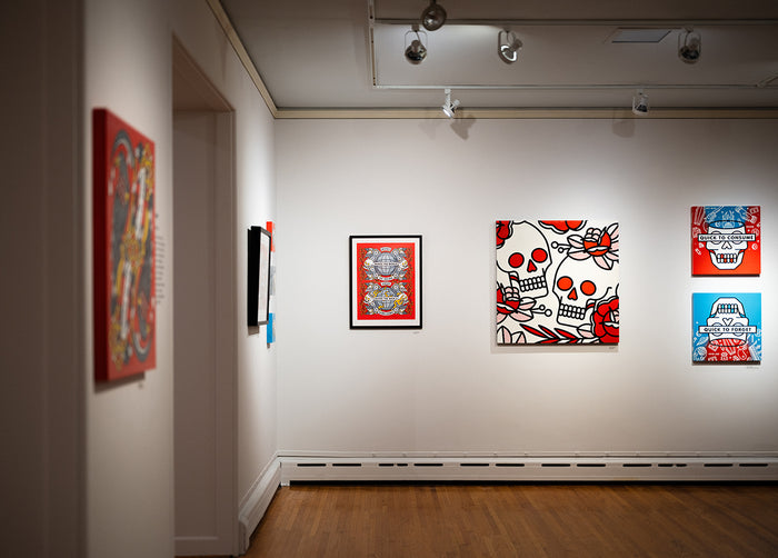 Art by Red Halftone at Pratt Munson gallery with colorful paintings on white walls.
