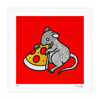 A square screen print of a grey rat with white tattoos holding a metallic gold slice of pepperoni pizza against a bold red background with a one-inch white border. The print is numbered in the bottom left corner and signed by the artist, Red Halftone in the bottom left corner.