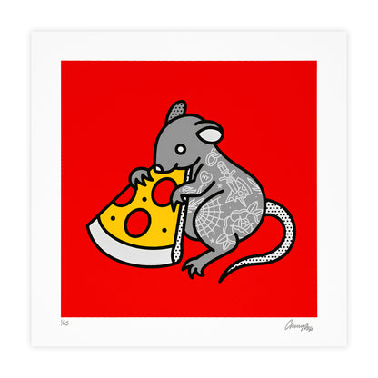 A square screen print of a grey rat with white tattoos holding a yellow slice of pepperoni pizza against a bold red background with a one-inch white border. The print is numbered in the bottom left corner and signed by the artist, Red Halftone in the bottom left corner.