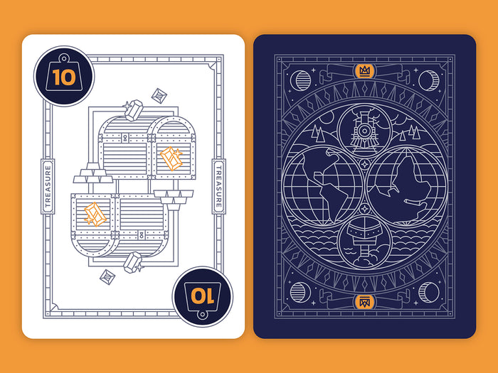 Two playing cards with decorative designs  of a treasure chest and a globe design with numbers on an orange background