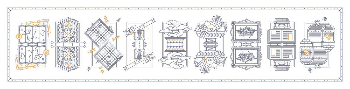 Decorative border with various detailed illustrated elements on a white background
