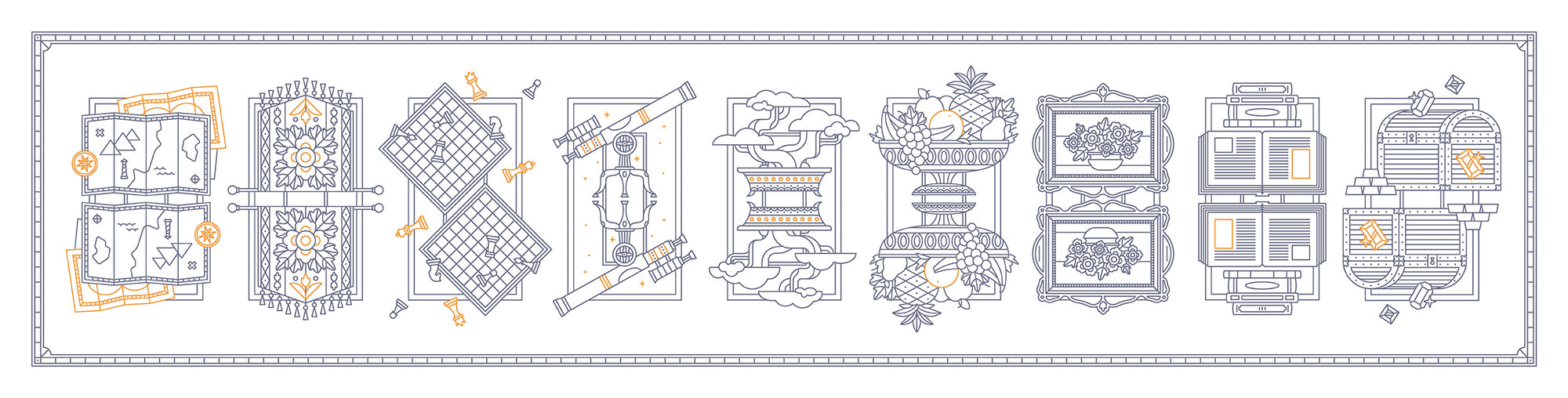 Decorative border with various detailed illustrated elements on a white background