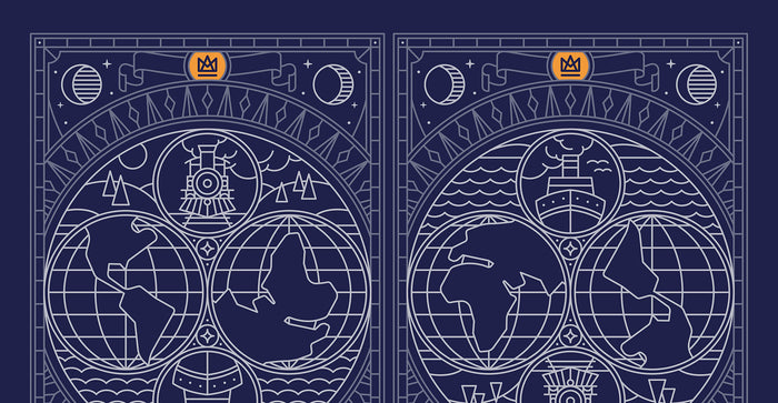 Two circular designs with geometric patterns of globes and map symbols on a blue background