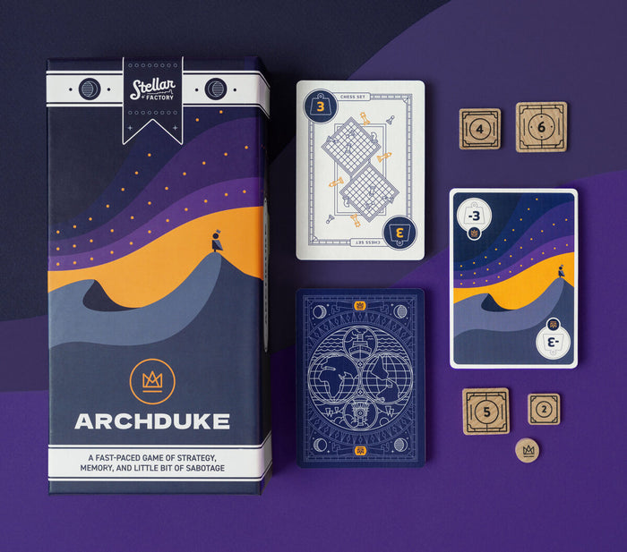 overhead view of Archduke card game packaging and cards on a purple background