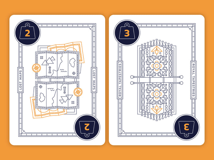 Two playing cards with decorative designs  of a map and a tapestry with numbers on an orange background