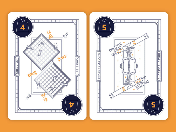 Two playing cards with decorative designs  of a chess board and a vintage telescope with numbers on an orange background