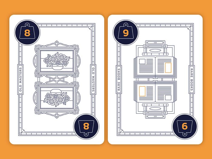 Two playing cards with decorative designs  of an ornate frame and books with numbers on an orange background