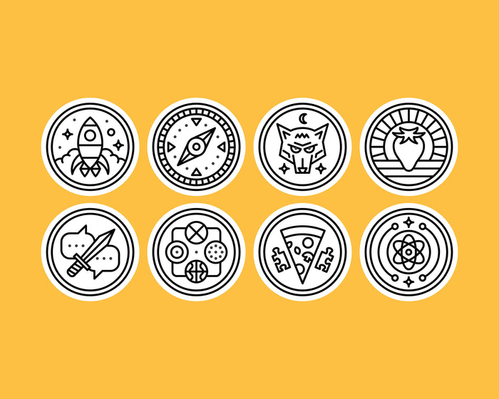 Set of eight black and white icons of food elements, spaceship, and animals on a yellow background