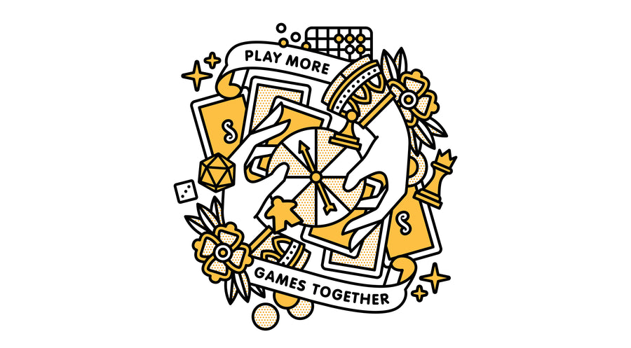 Decorative illustration with playing cards, dice, game pieces, and text on a white background with yellow highlights.