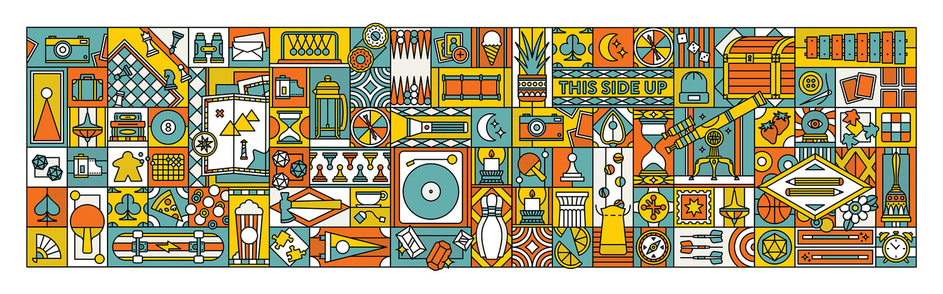 Colorful geometric pattern with various analog items illustrated such as game pieces, books, pencils, telescopes, and food elements, on a white background