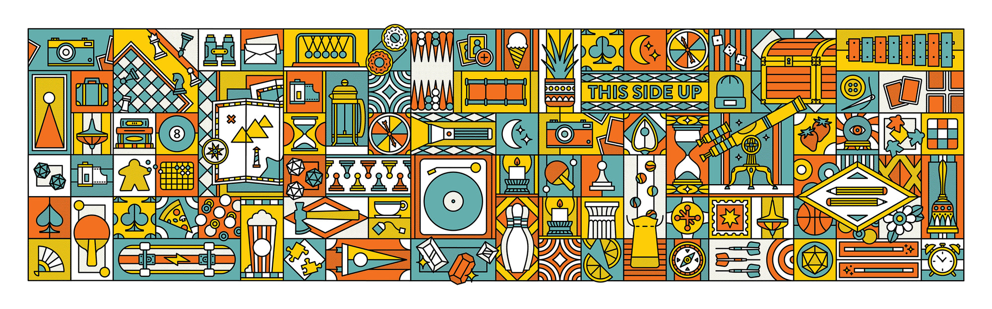 Colorful geometric pattern with various analog items illustrated such as game pieces, books, pencils, telescopes, and food elements, on a white background