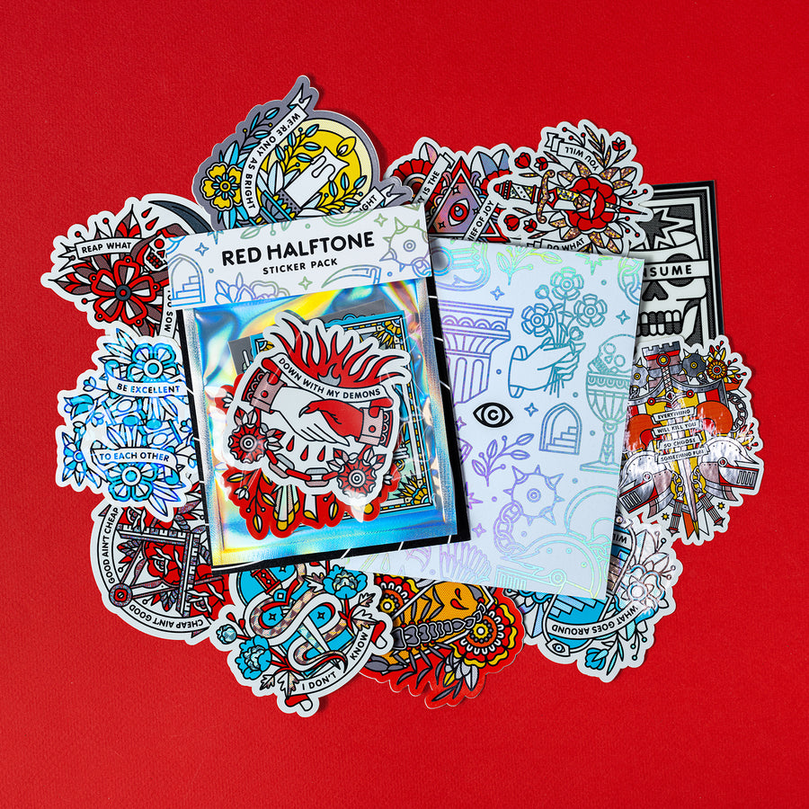 A sticker pack surround by a variety of colorful die cut stickers by Red Halftone on a red background