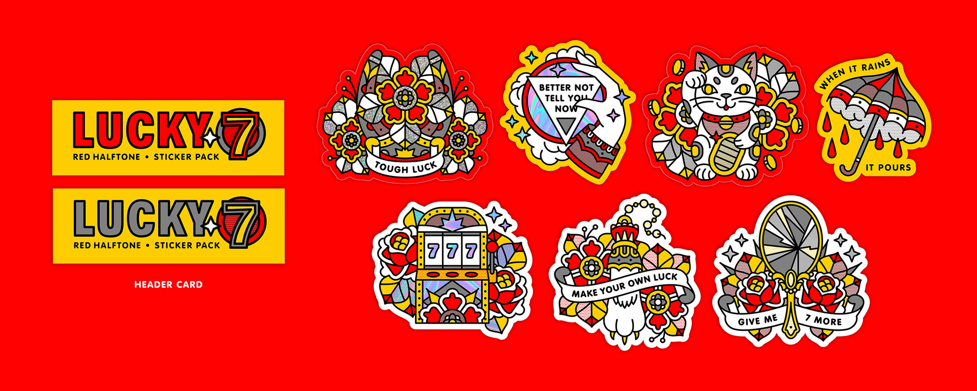 Set of seven Luck-themed stickers along with header card designs on a red background