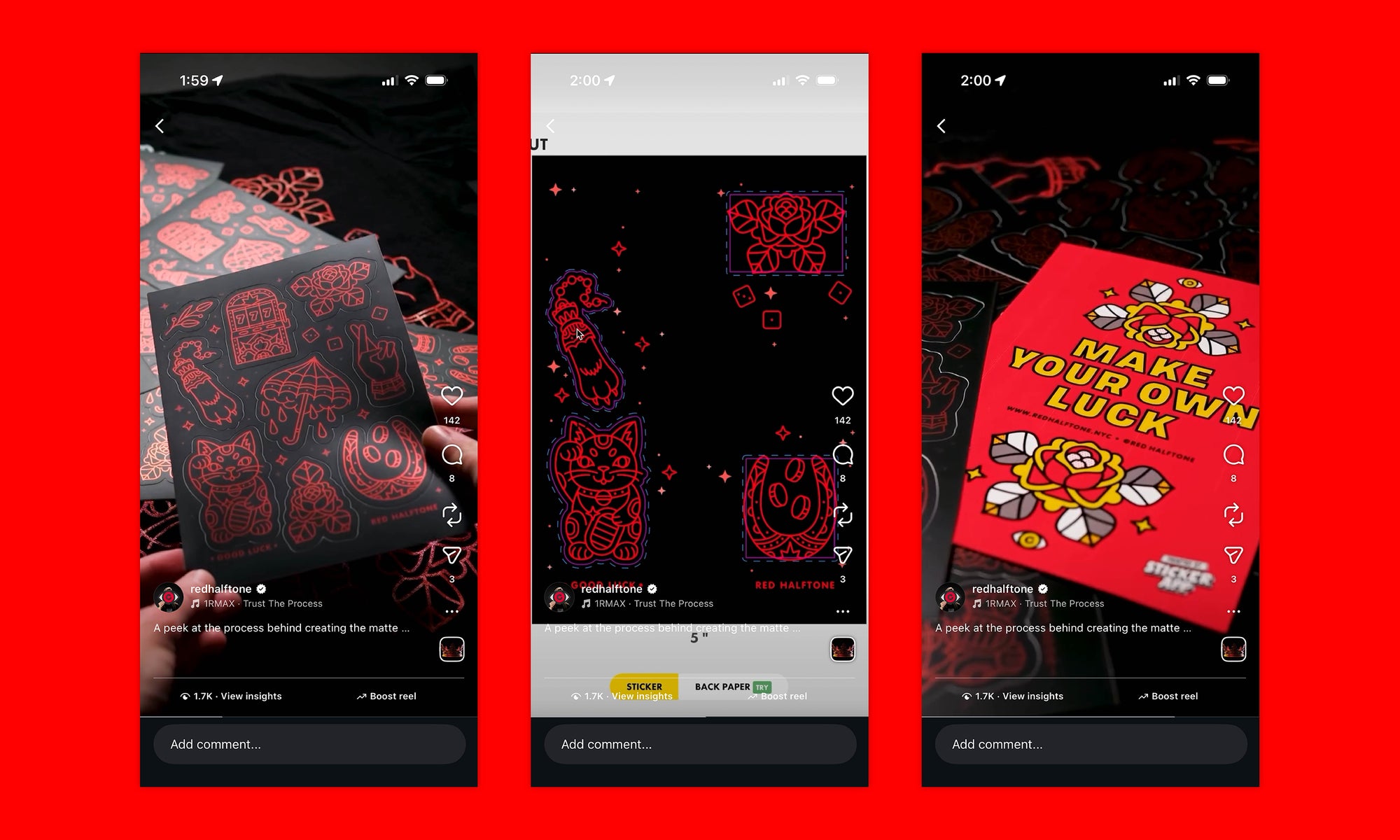 Three smartphone screenshots displaying the making of the sticker sheet in a Instagram Reel on a red background