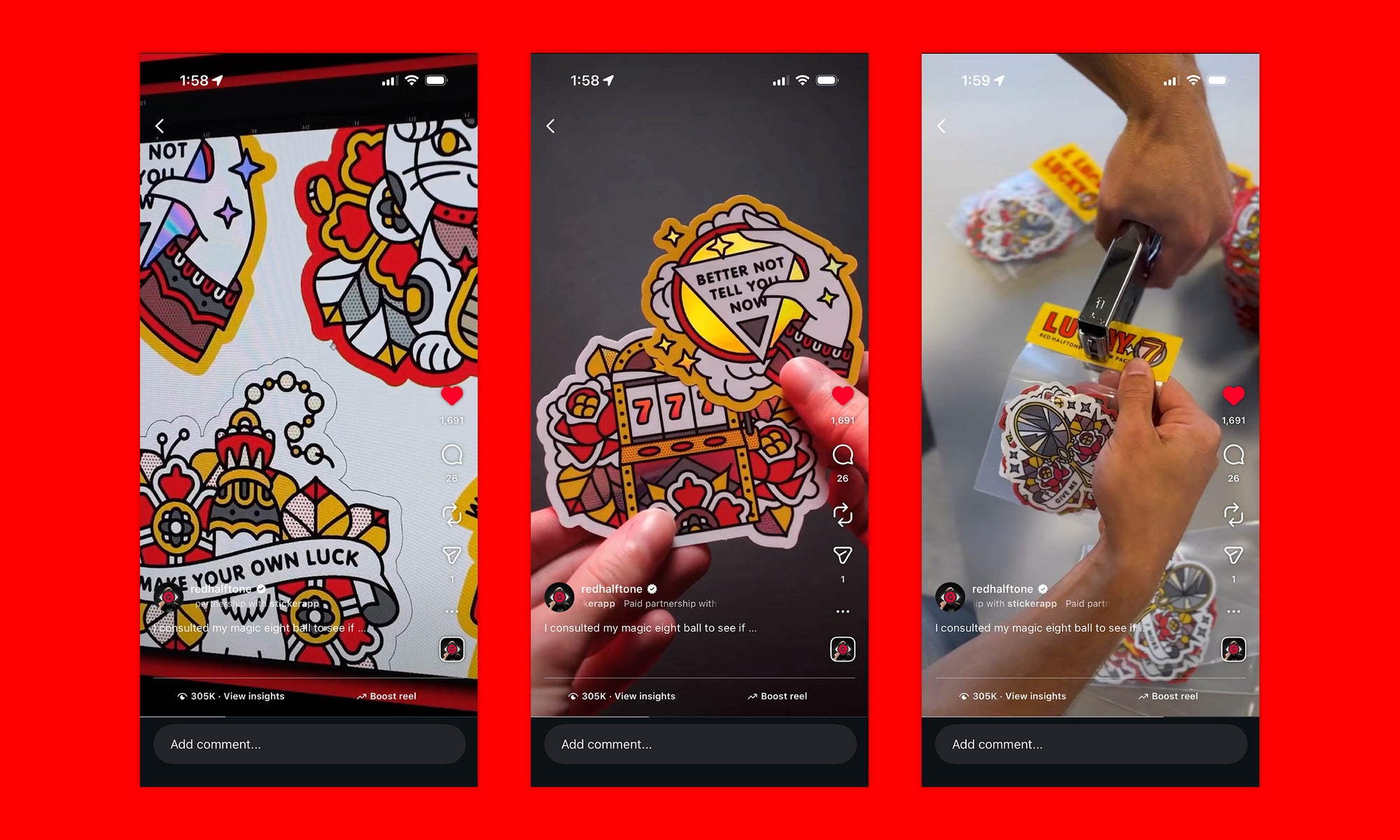 Three smartphone screenshots showing the making of the sticker packs in a Instagram Reel.
