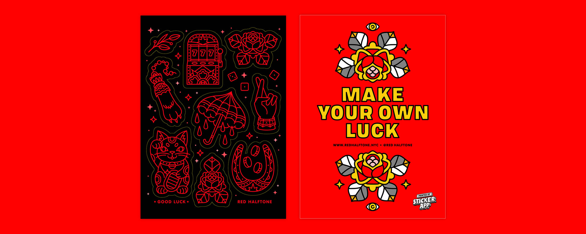Red and black front and back sticker sheet design with lucky charms and 'Make Your Own Luck' text on a red background