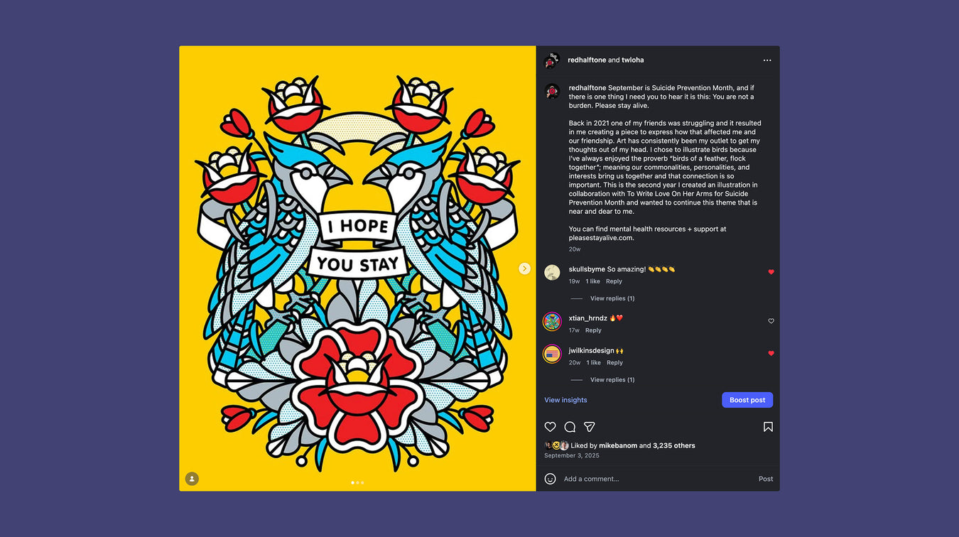 A blue and red illustration by Red Halftone featuring Blue Jays and roses with text"I hope you stay" on a yellow background in the context of an Instagram post.